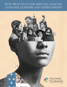 Cover of Best Practices for Serving English Language Learners and Their Families - artwork of face cut in half with people and buildings inside the head where the brain would be