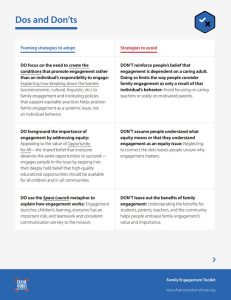 Screenshot of Dos and Don'ts section of Regraming Family School and Community Engagement toolkit - white paper with blue logo and black text